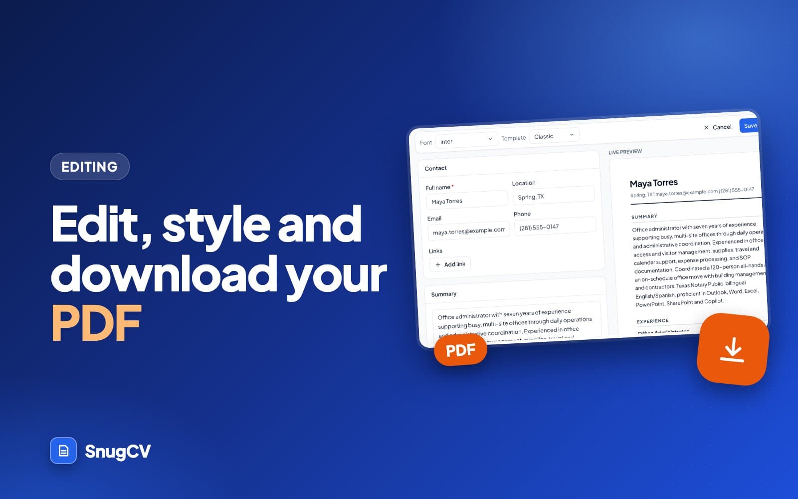Cover: Edit, style and download your PDF, showing the edit screen