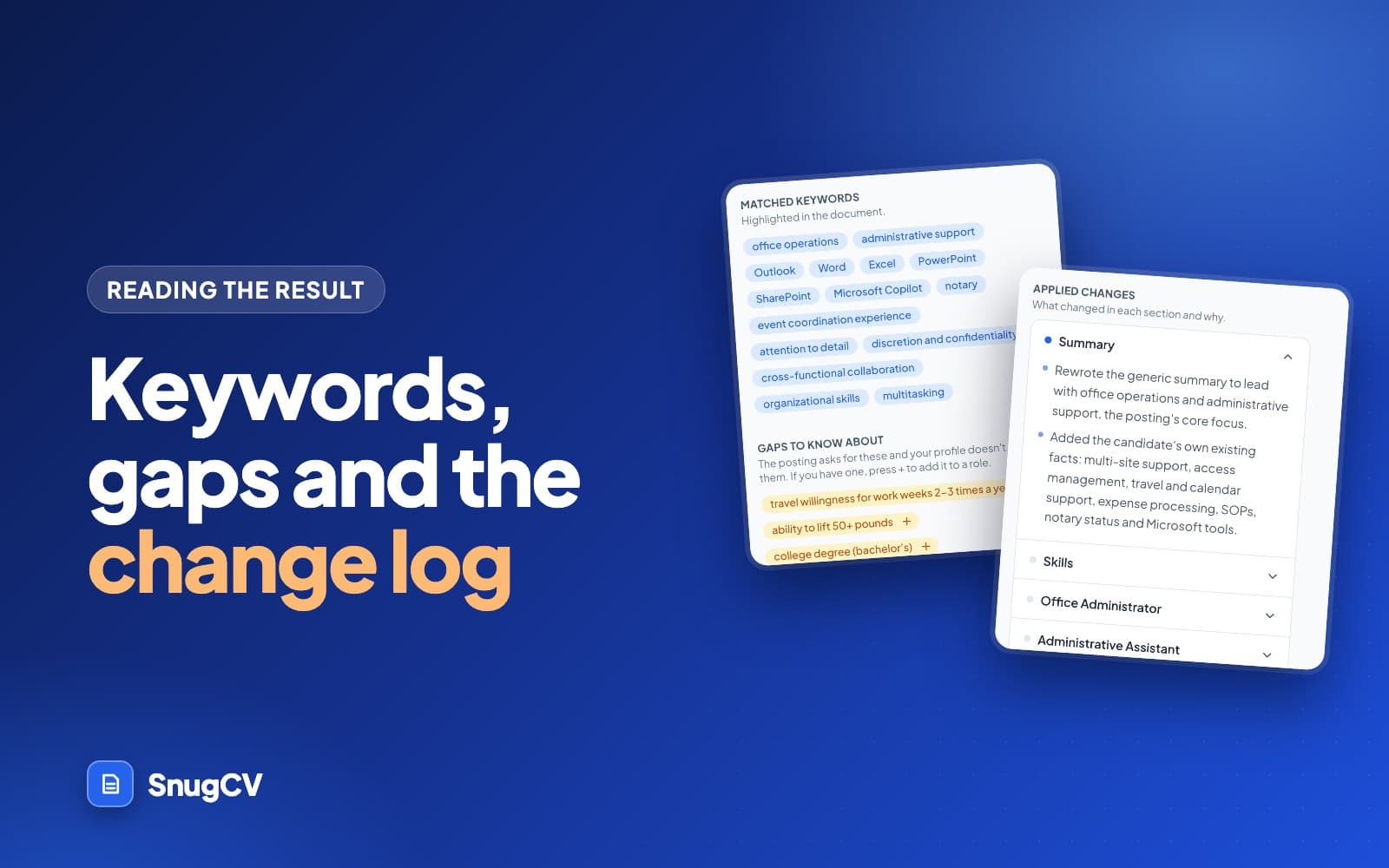 Cover: Keywords, gaps and the change log, showing matched keywords and applied changes