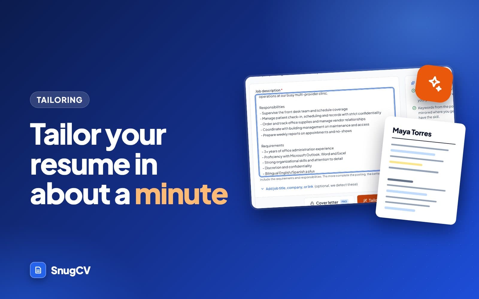 Cover: Tailor your resume in about a minute, showing the Tailor page and a finished resume