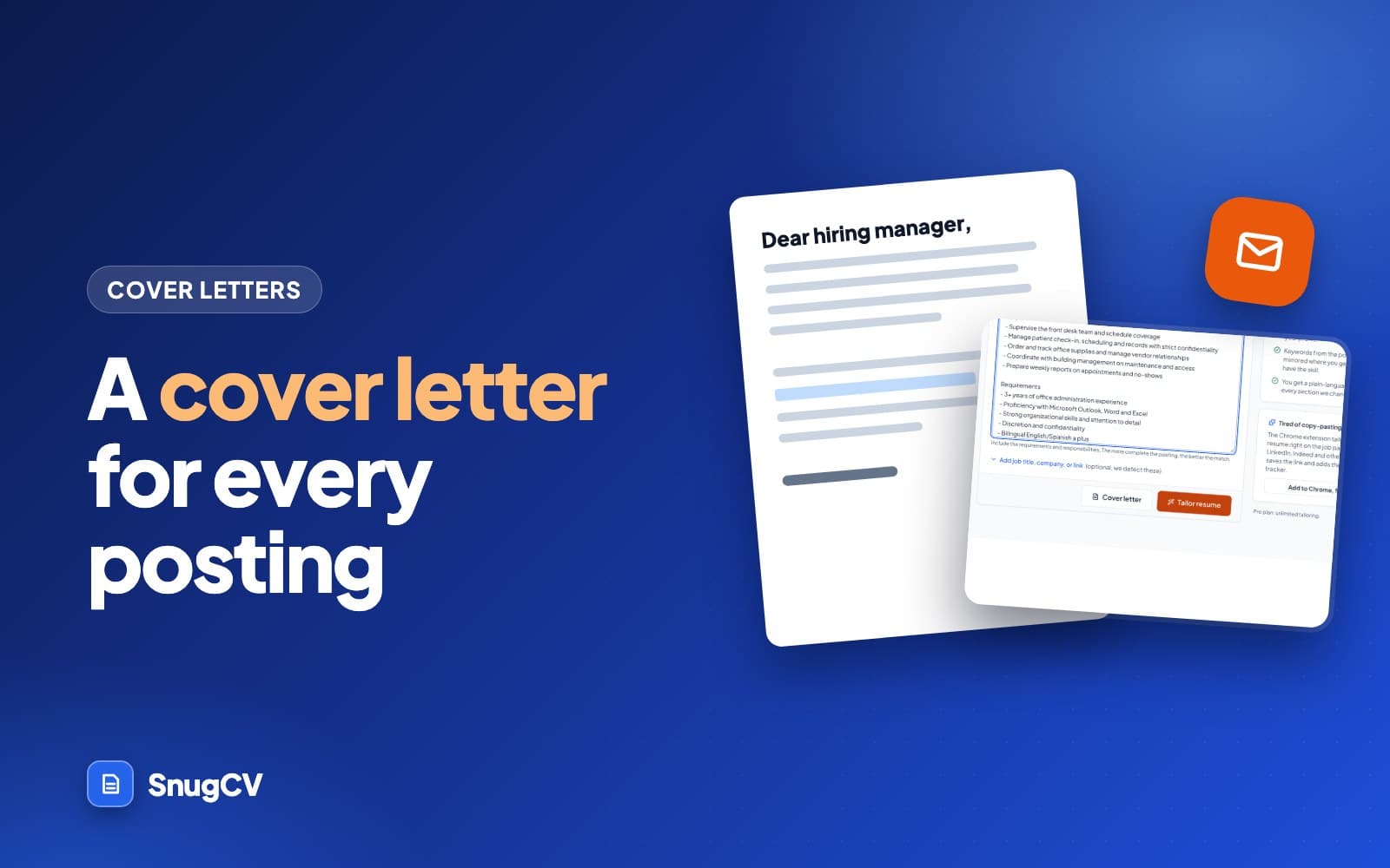 Cover: A cover letter for every posting, showing a letter and the Tailor page