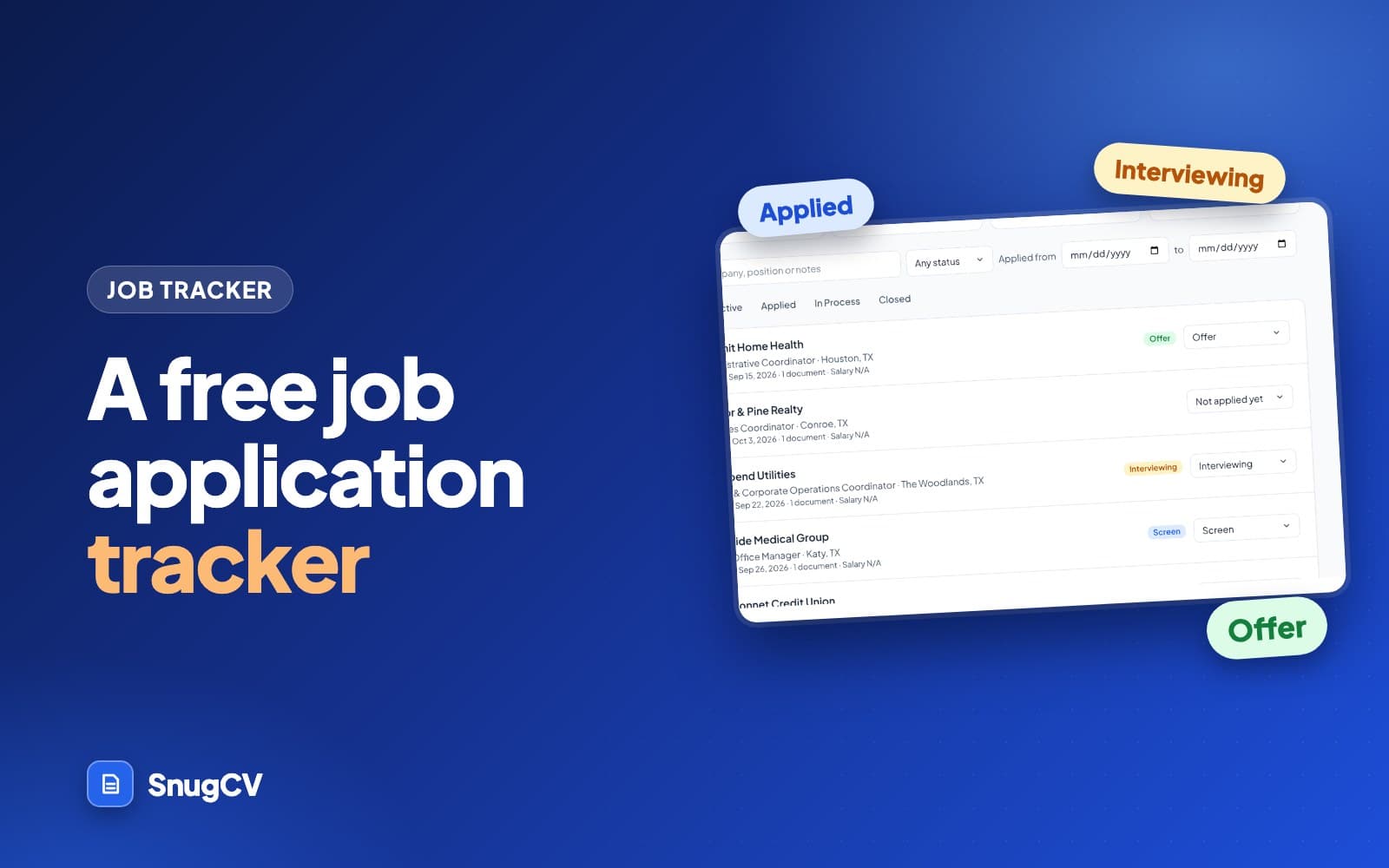 Cover: A free job application tracker, showing the SnugCV job tracker