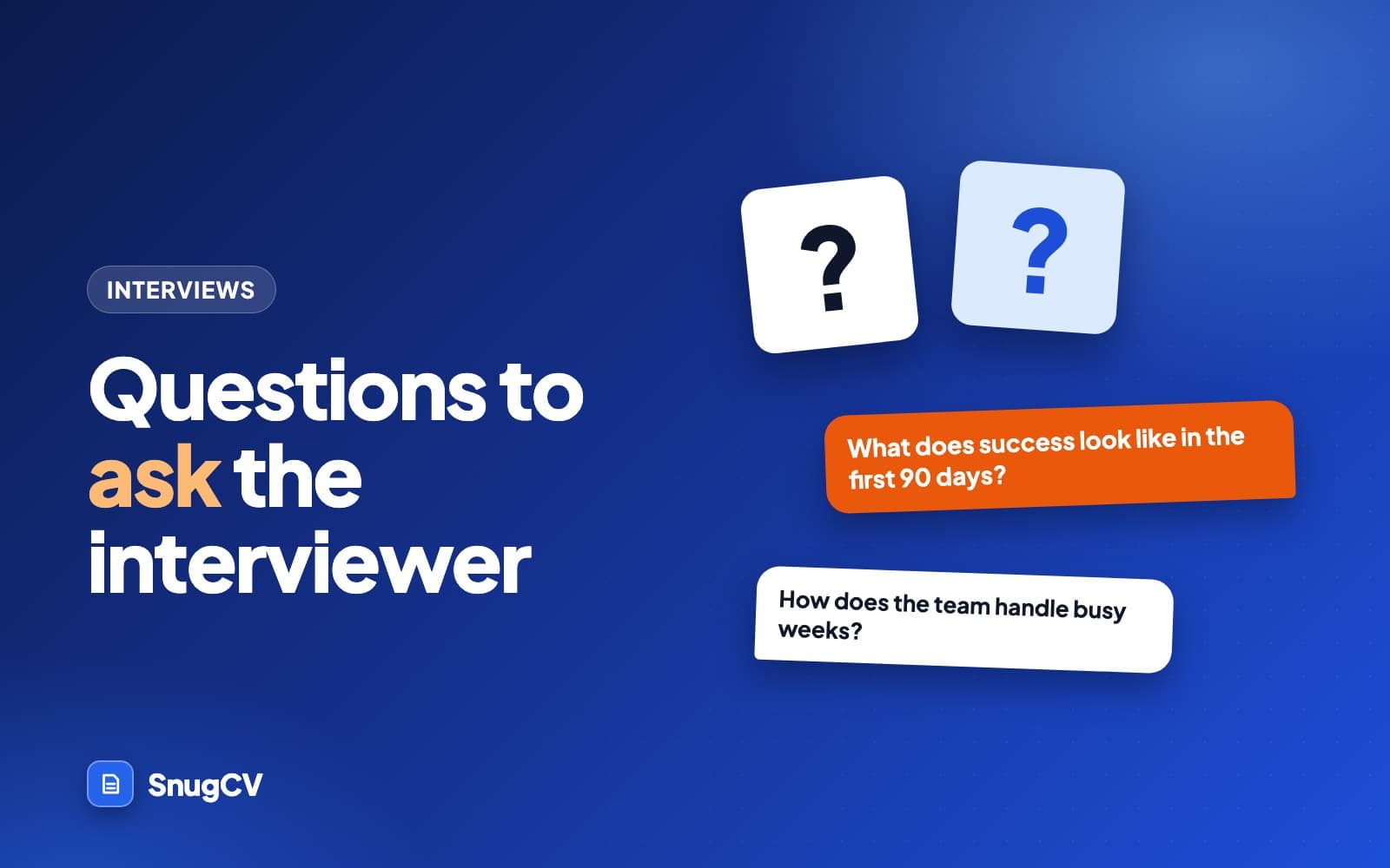 Cover: Questions to ask the interviewer, and ones to skip, showing a notebook with a list of questions beside a coffee cup