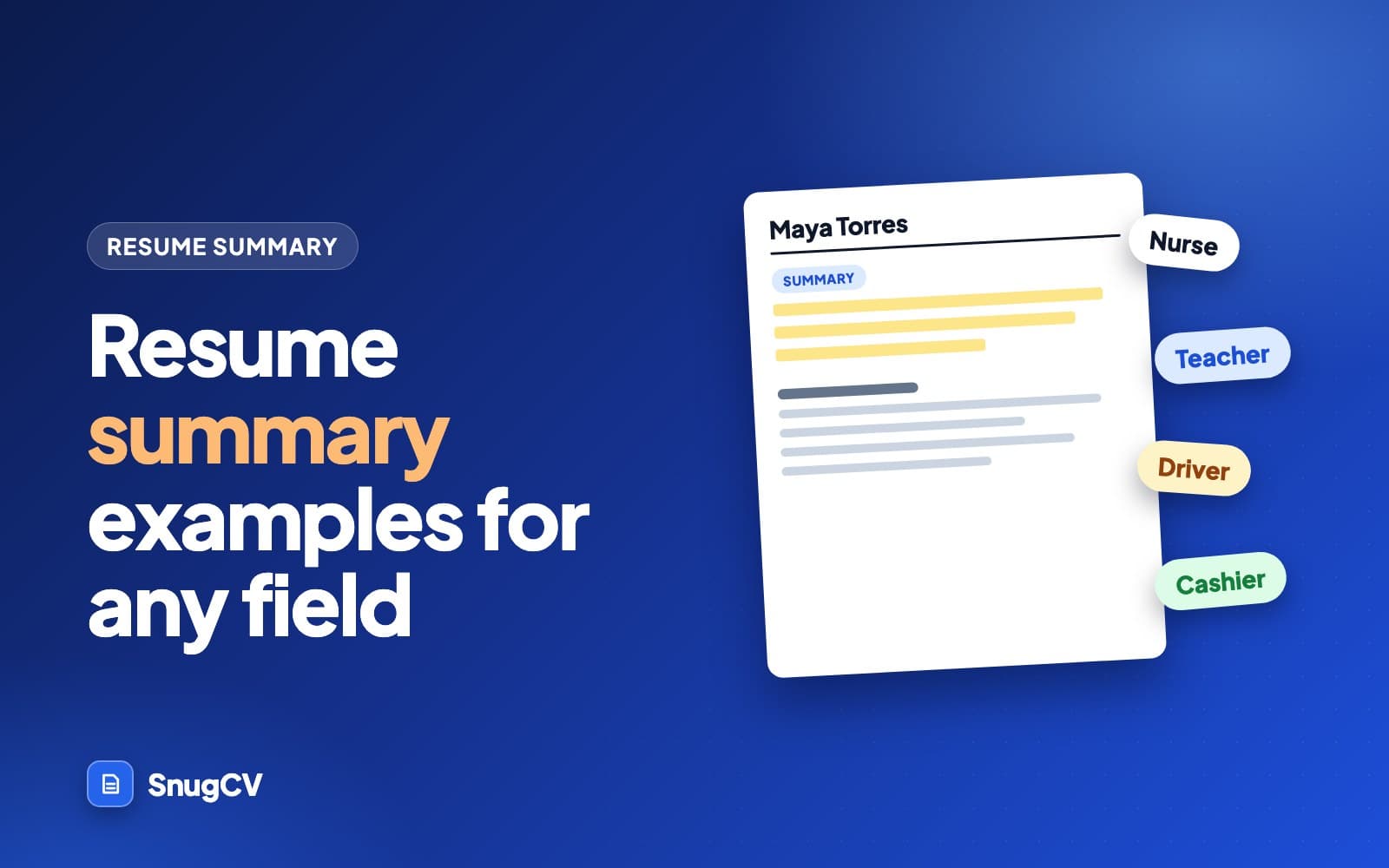 Cover: Resume summary examples for any field, showing the summary block at the top of a resume