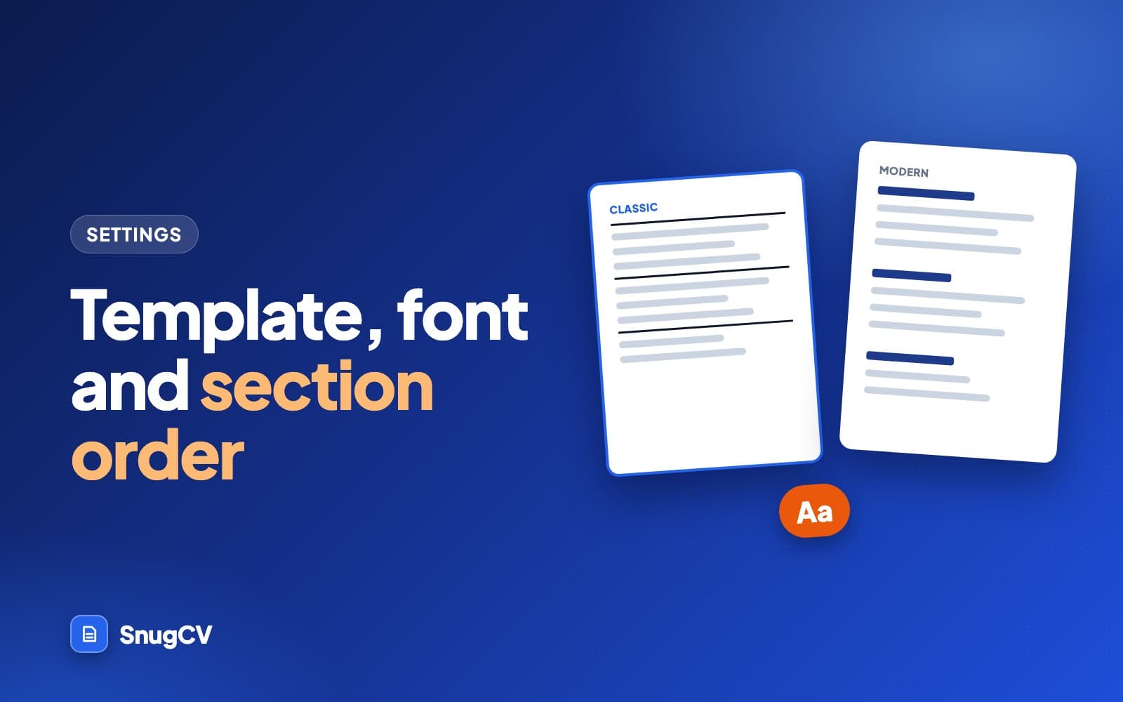 Cover: Template, font and section order, showing the Classic and Modern templates