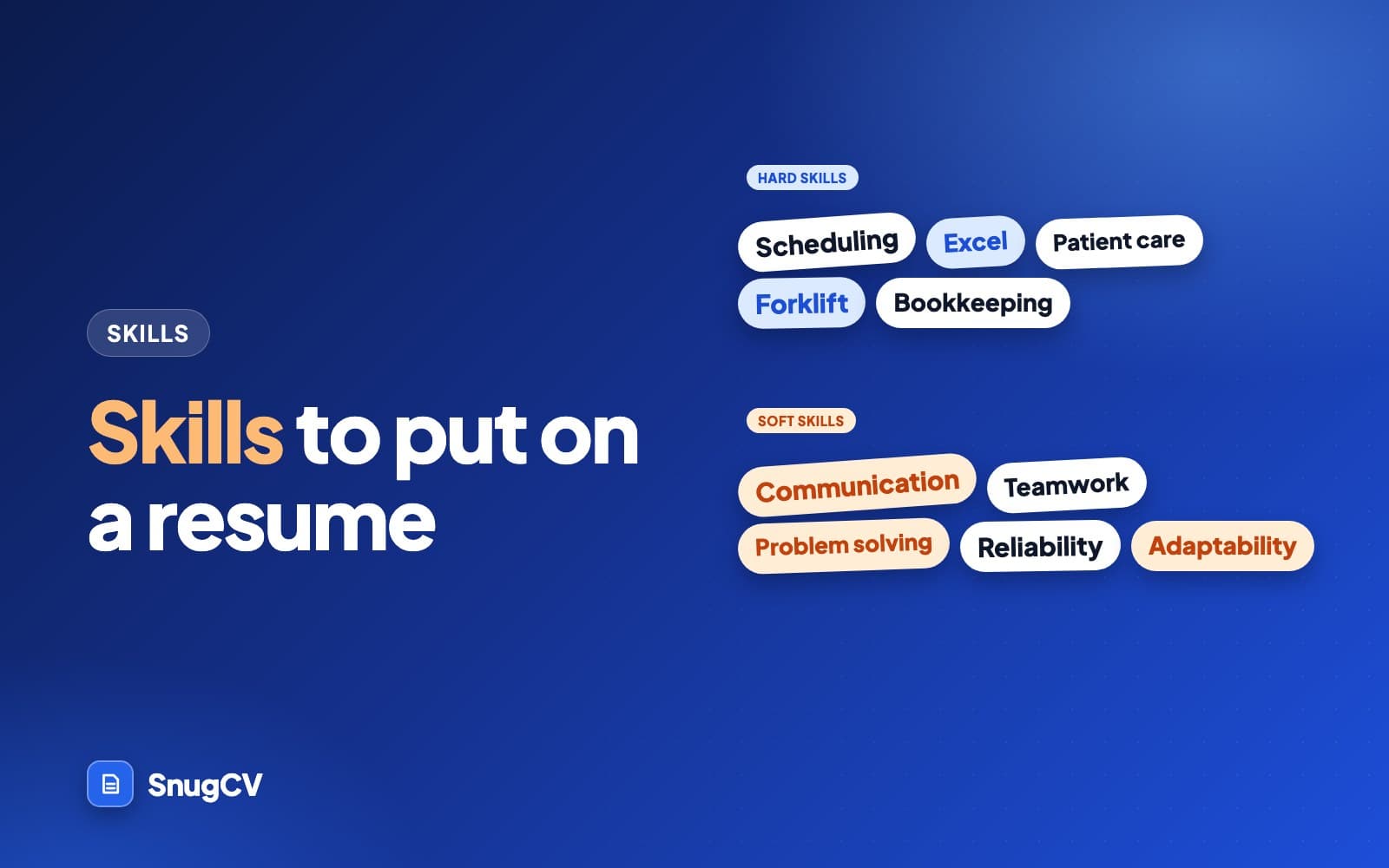 Cover: Skills to put on a resume, showing a skills section with grouped skill chips
