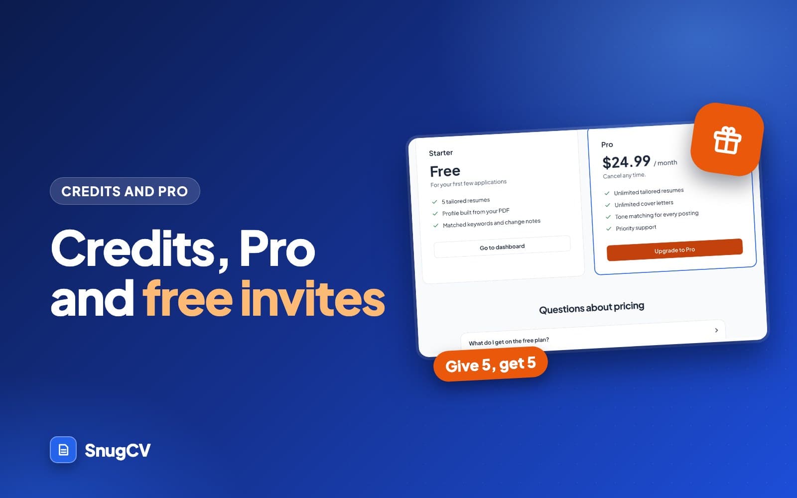 Cover: Credits, Pro and free invites, showing the pricing page