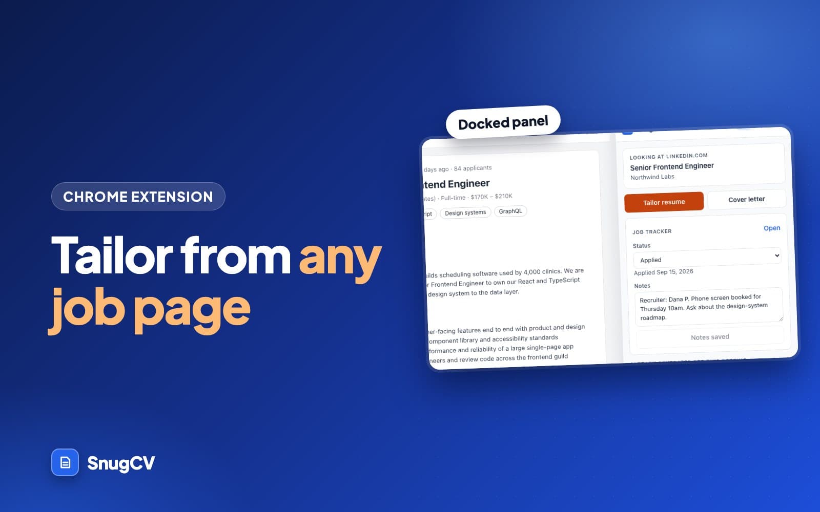 Cover: Tailor from any job page, showing the docked SnugCV panel