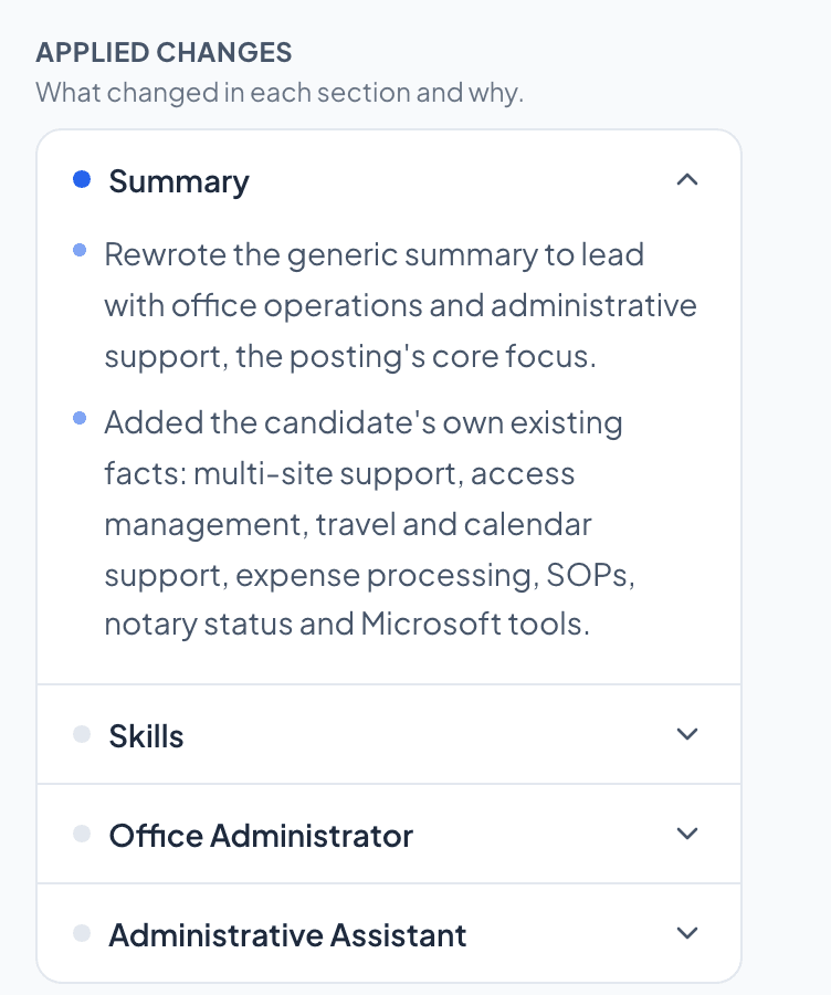 The Applied changes panel with the Summary entry open, explaining how the summary was rewritten to lead with the posting's core focus