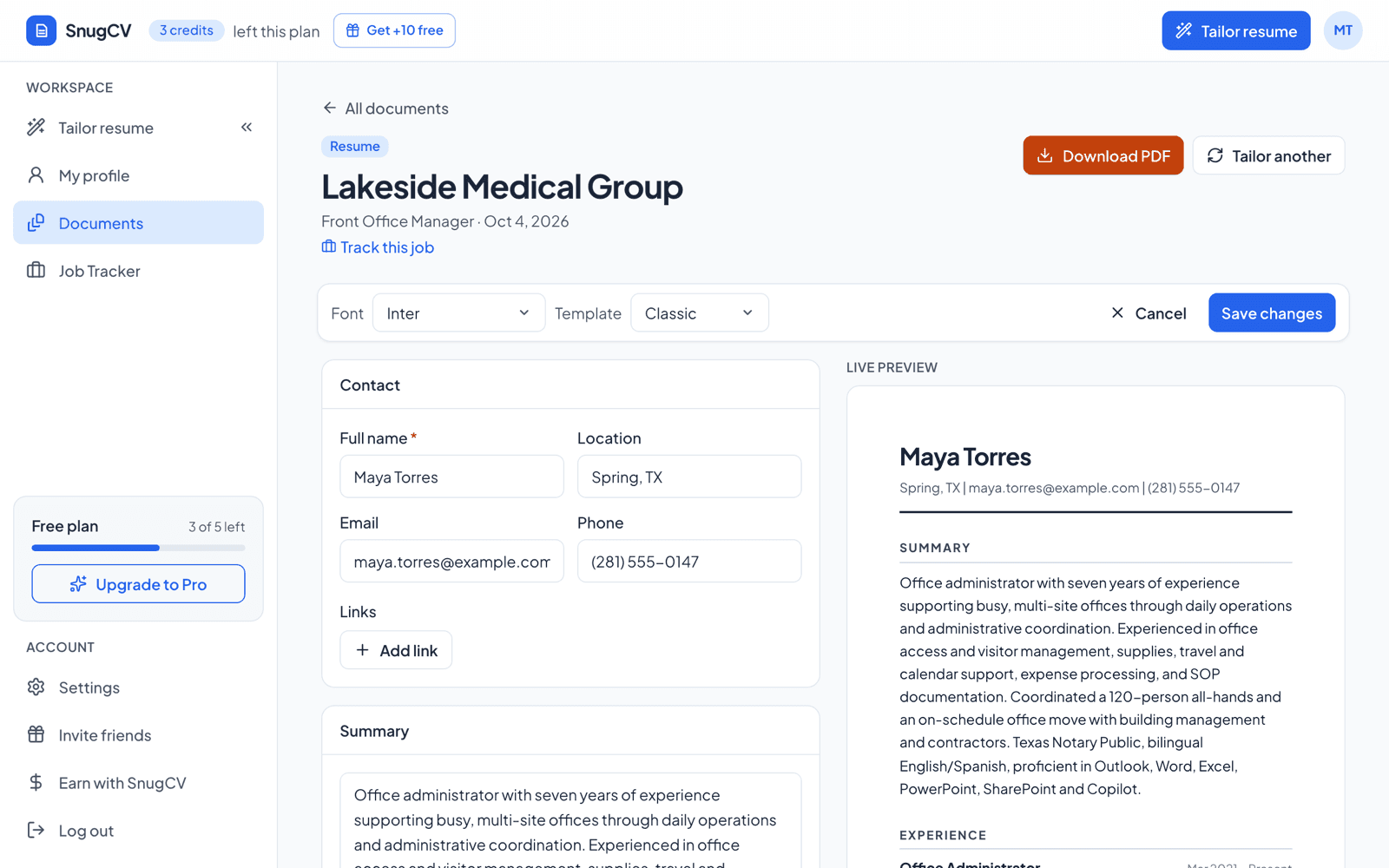 The SnugCV document editor with form fields on the left and a live preview of the resume on the right