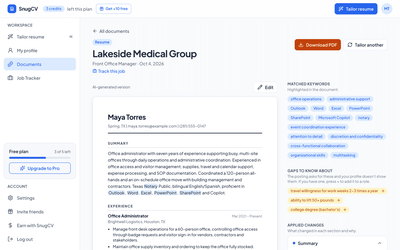 A tailored resume with highlighted keywords on the left and matched keywords, gaps and applied changes on the right