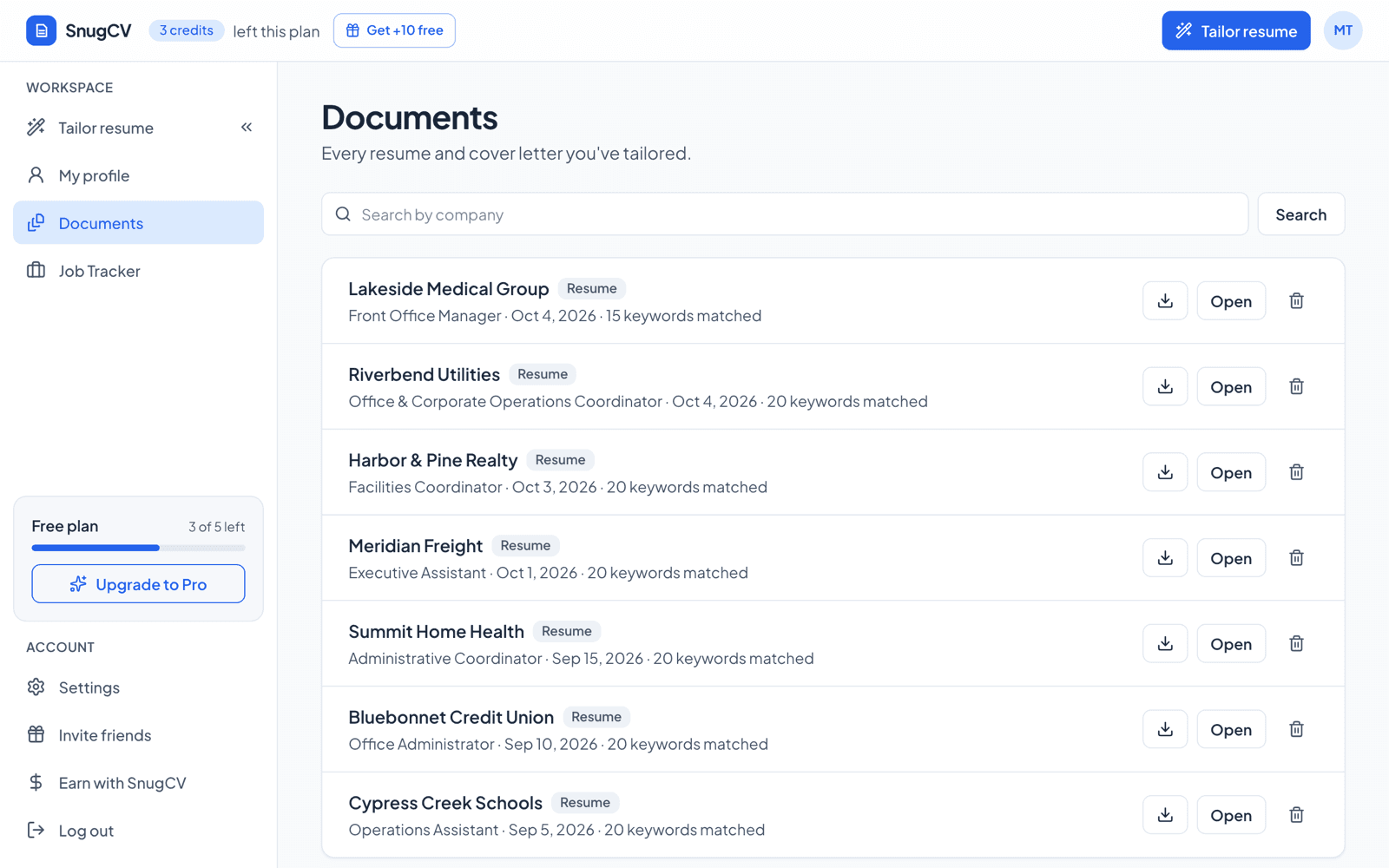 The SnugCV dashboard showing a credits counter at the top and a Free plan box in the sidebar with 3 of 5 left