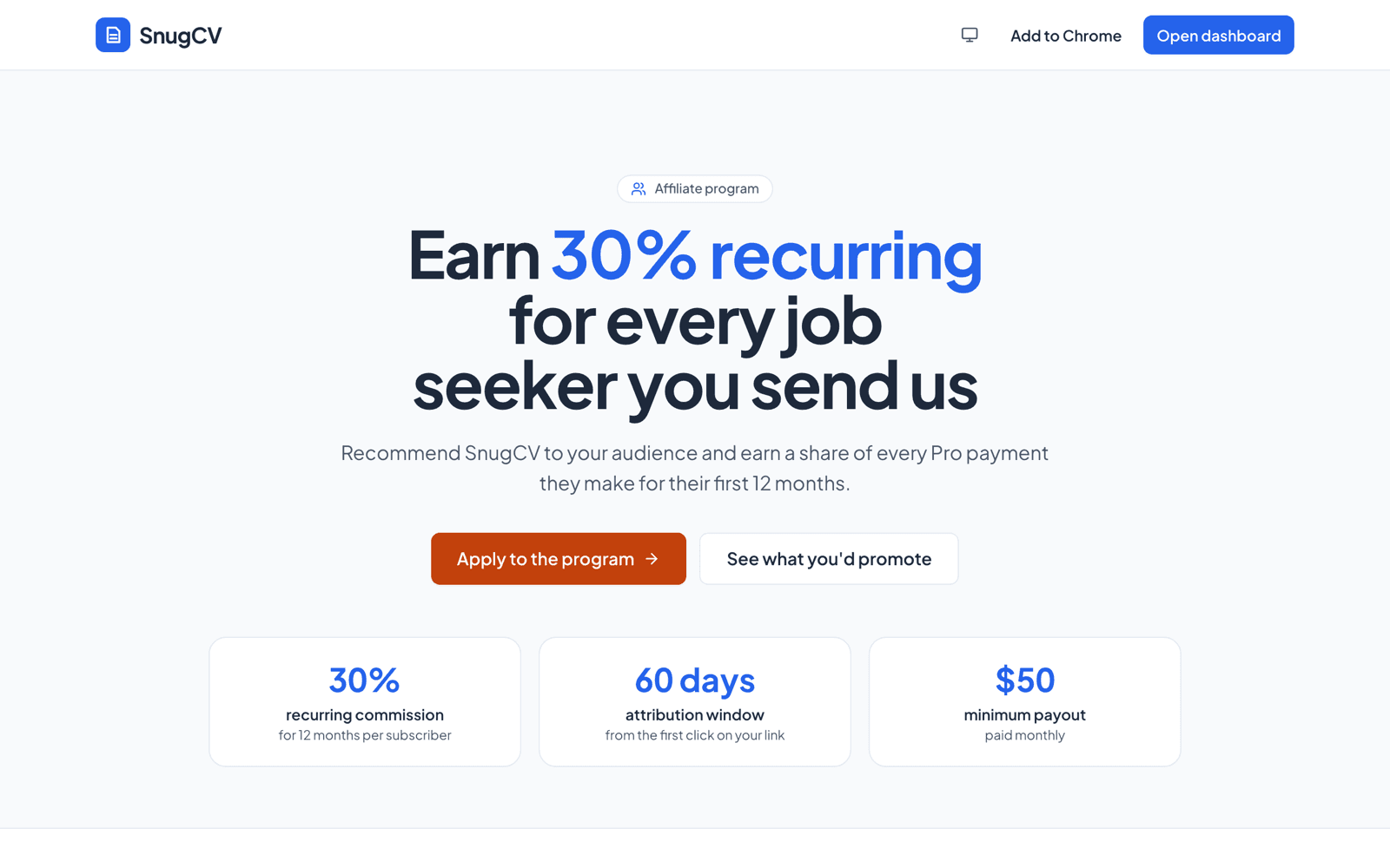 The SnugCV affiliate page with the headline Earn 30% recurring and figures for commission, attribution window and minimum payout