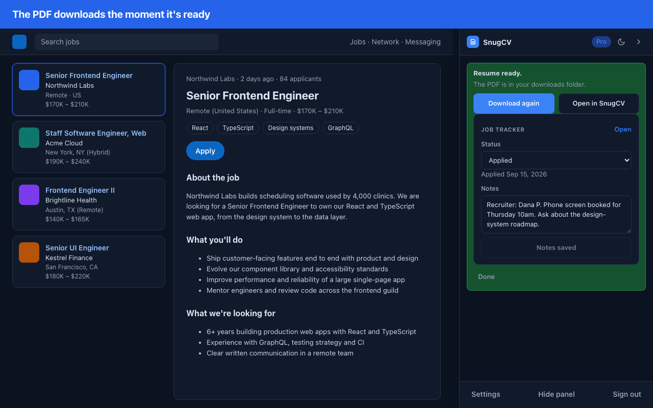 The SnugCV panel in dark theme showing Resume ready with Download again and Open in SnugCV buttons above the job tracker