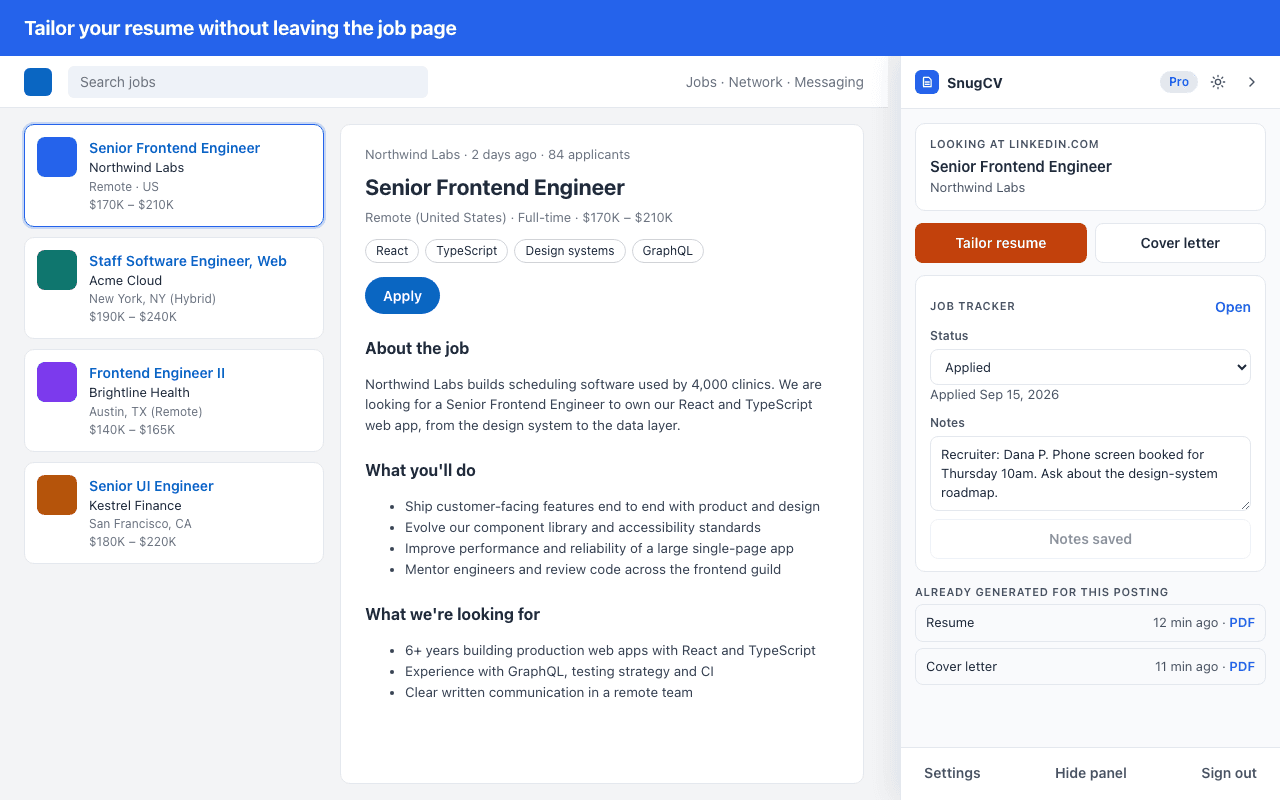 The SnugCV panel beside a job posting with Tailor resume and Cover letter buttons and a list of documents already generated