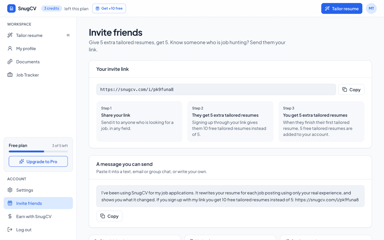 The Invite friends page with a personal invite link and three steps, and a message you can send