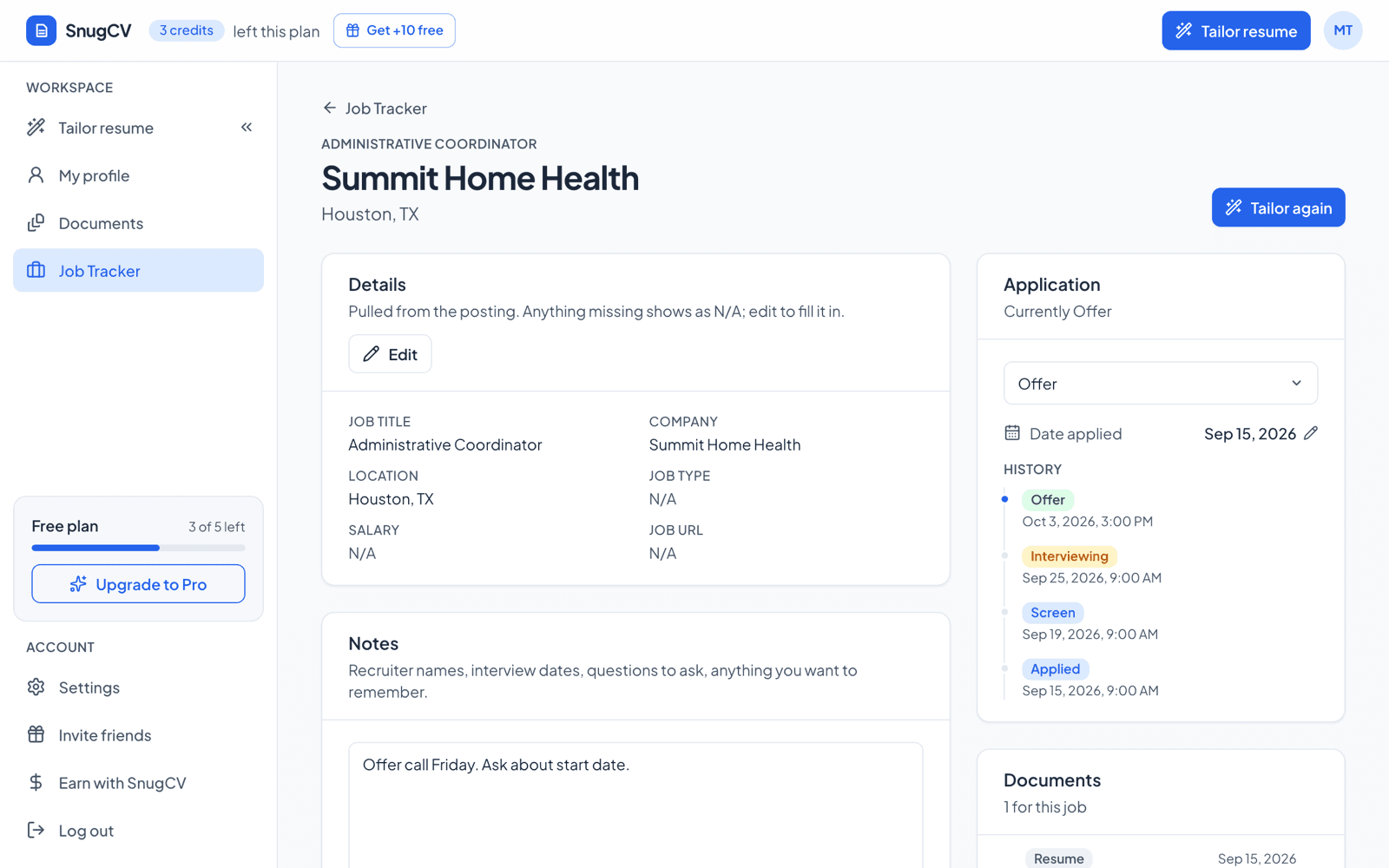 A job detail page with posting details, notes, an application status with a history timeline, and linked documents
