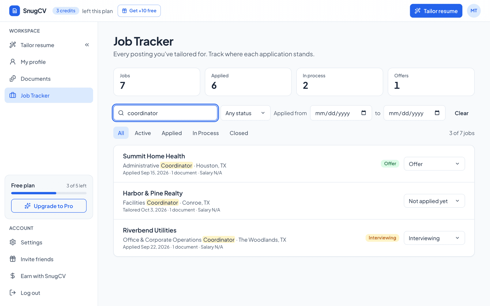 The Job Tracker filtered by the word coordinator, showing only matching jobs with the match highlighted