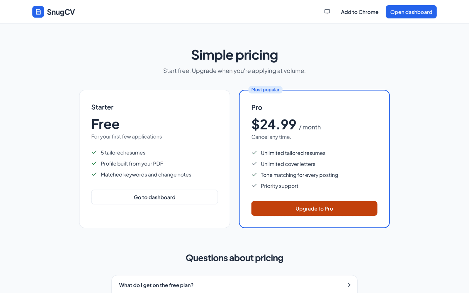 The SnugCV pricing page showing the free plan and the Pro plan with their features