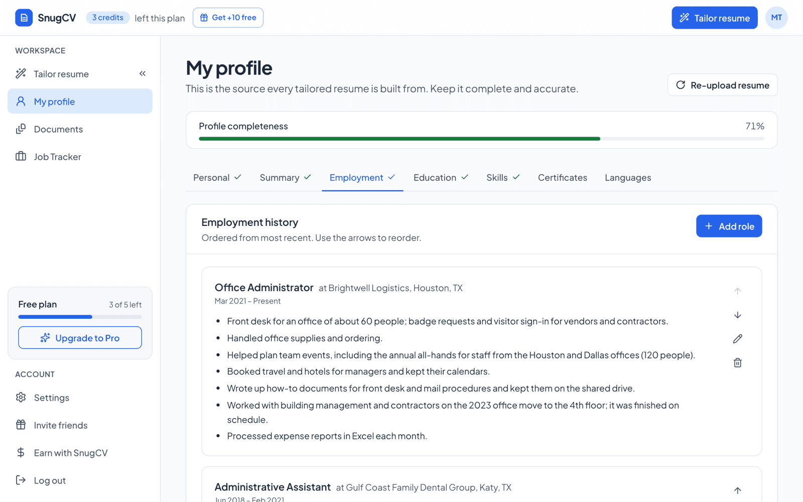 The Employment tab of the profile showing two jobs with their bullet points