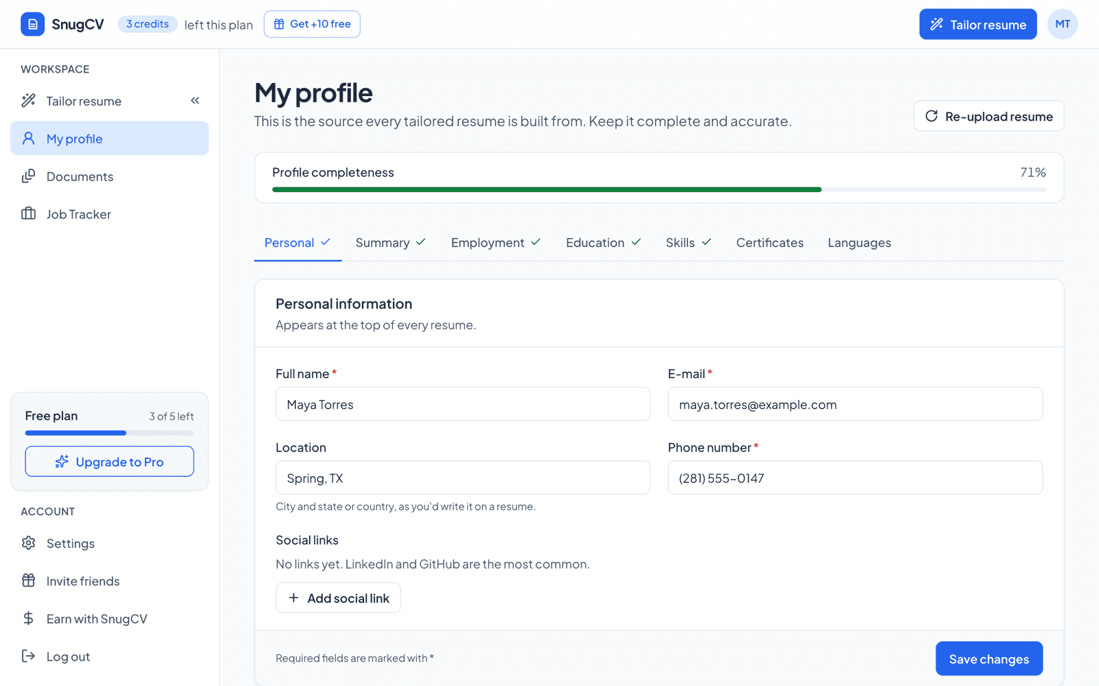 The My profile page showing a completeness bar and the Personal information tab with name, email, location and phone