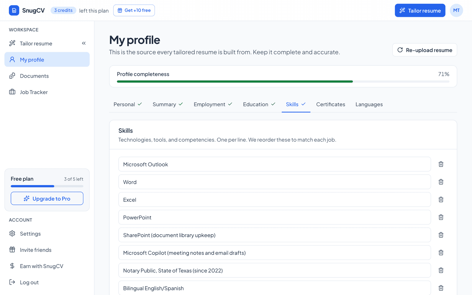 The Skills tab of a SnugCV profile showing one skill per line, such as Excel, SharePoint and Bilingual English and Spanish