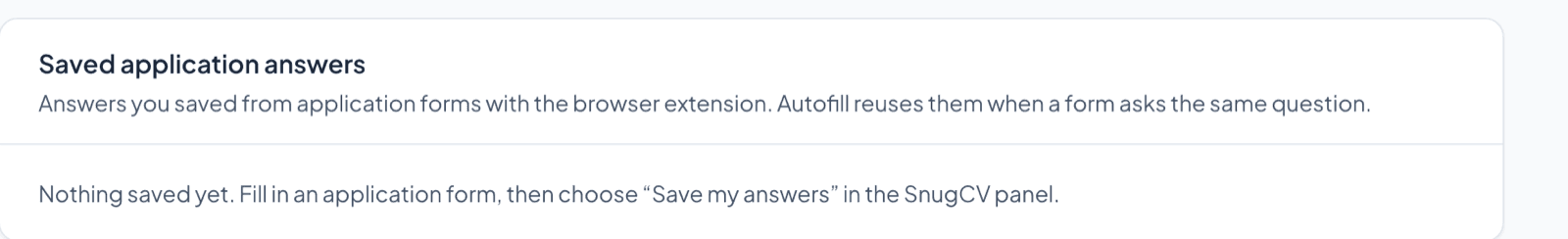 The Saved application answers card in Settings, describing answers saved from application forms and that autofill reuses them