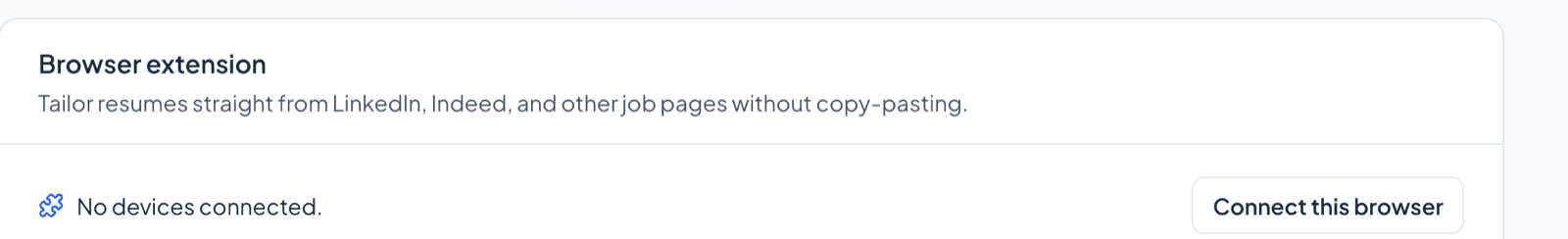 The Browser extension card in Settings showing no devices connected and a Connect this browser button