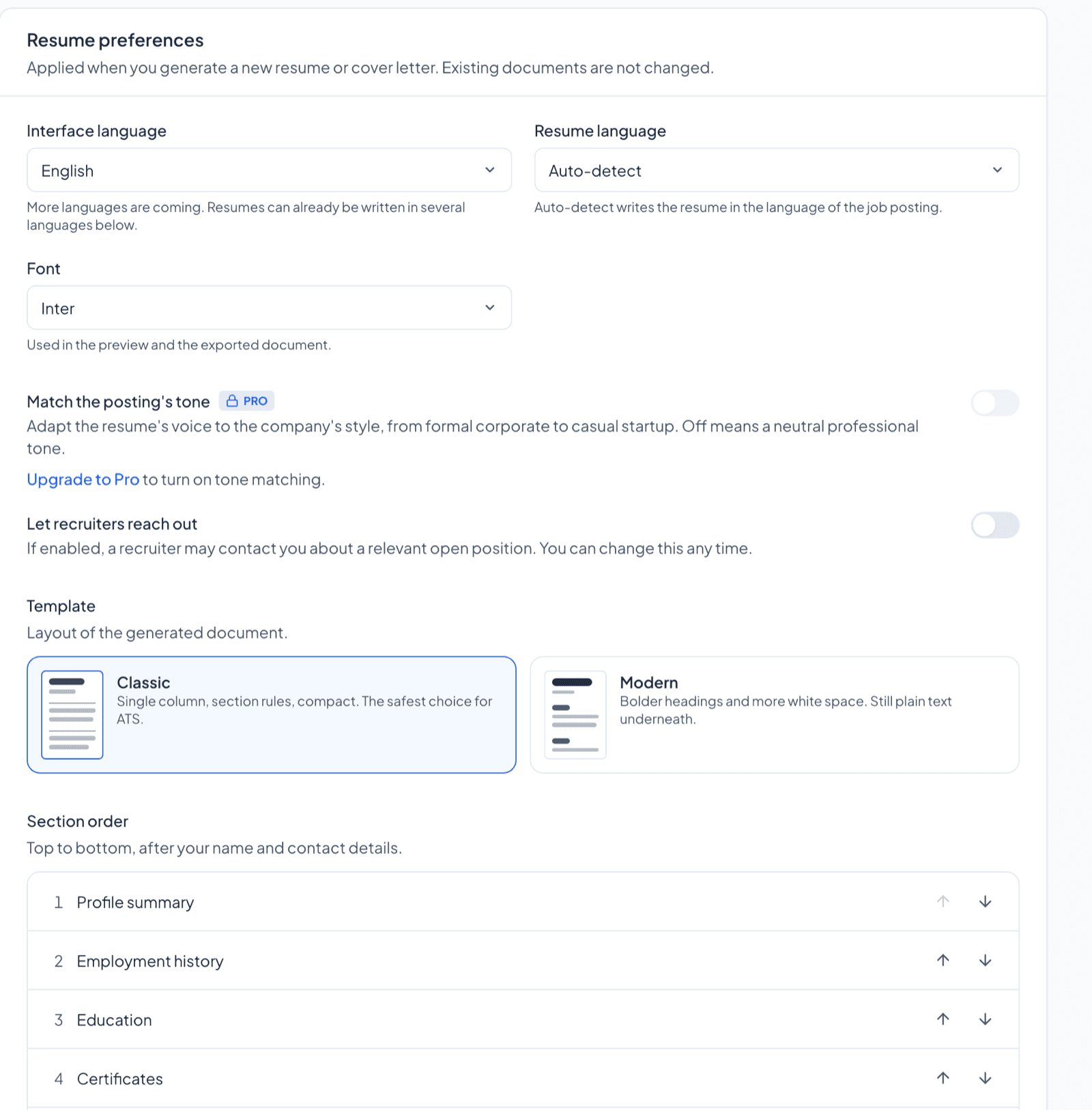 The Resume preferences card in Settings with interface language, resume language, font, tone matching, recruiters, template and section order