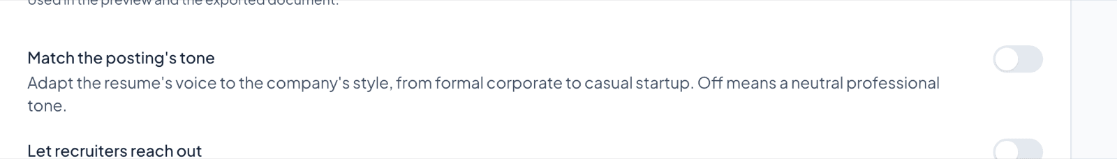 The Match the posting's tone setting with its toggle, next to the Let recruiters reach out setting