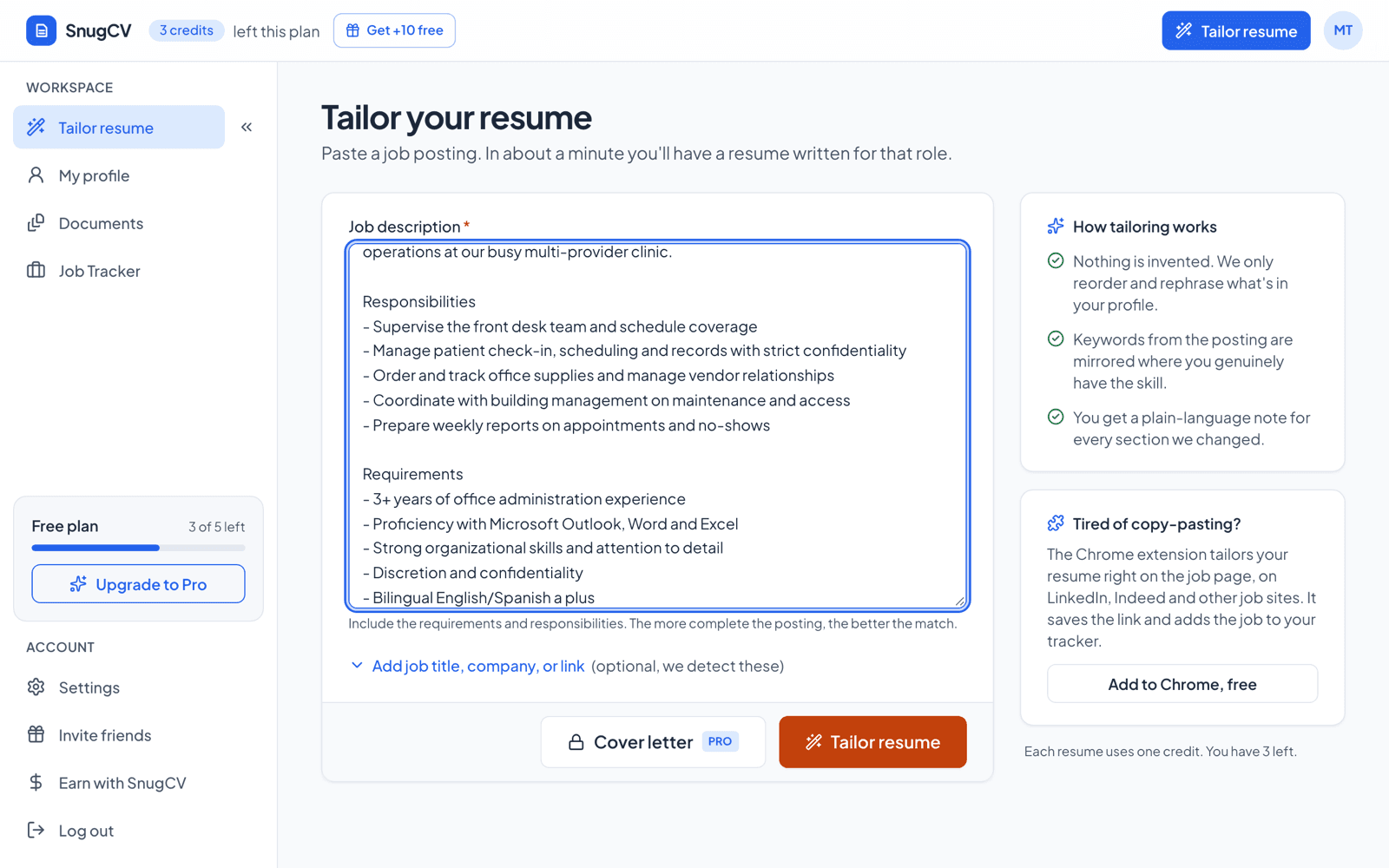 The Tailor your resume page with a job posting pasted into the job description box
