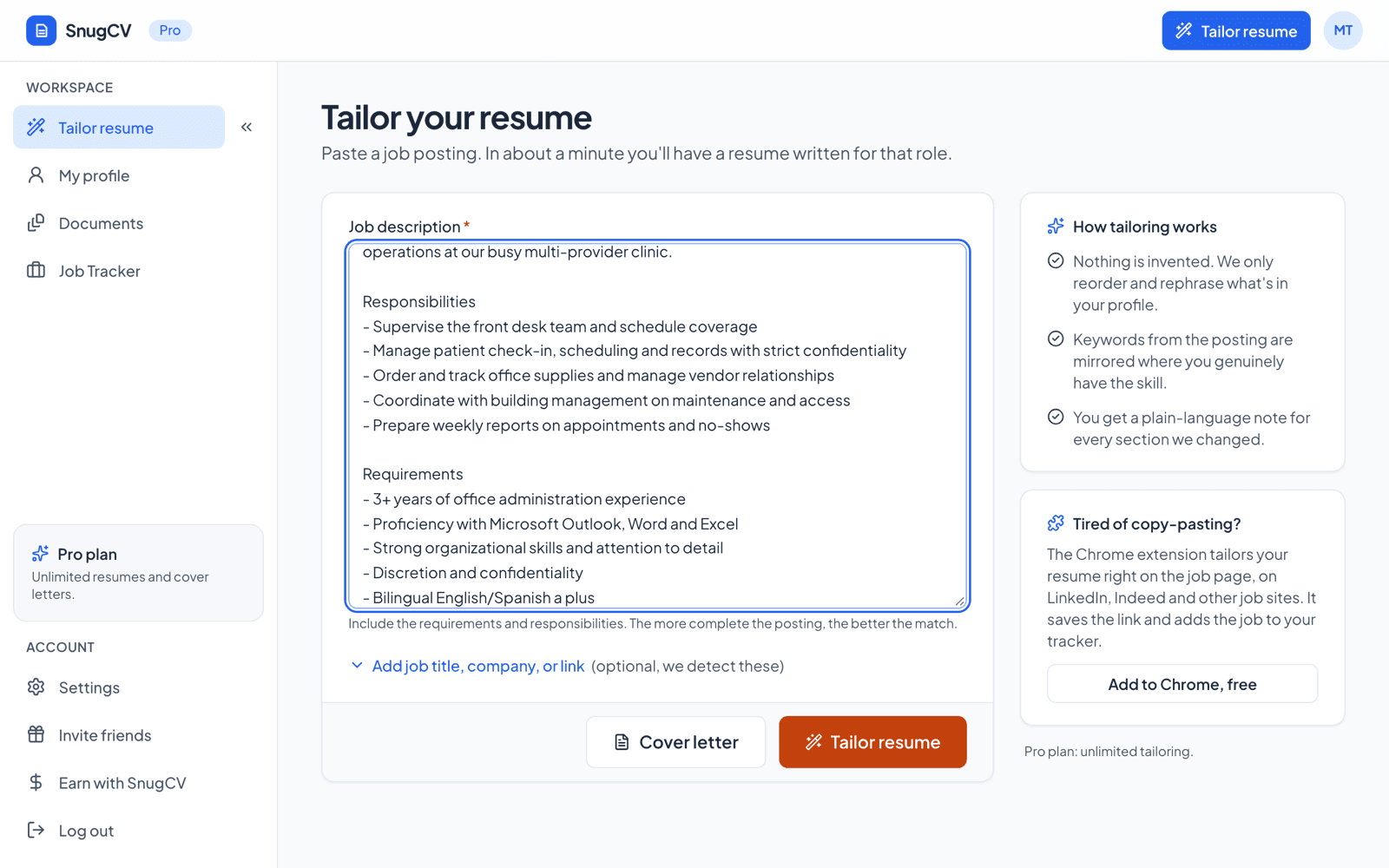 The Tailor your resume page on a Pro plan with a job posting pasted in and the Cover letter button enabled next to Tailor resume
