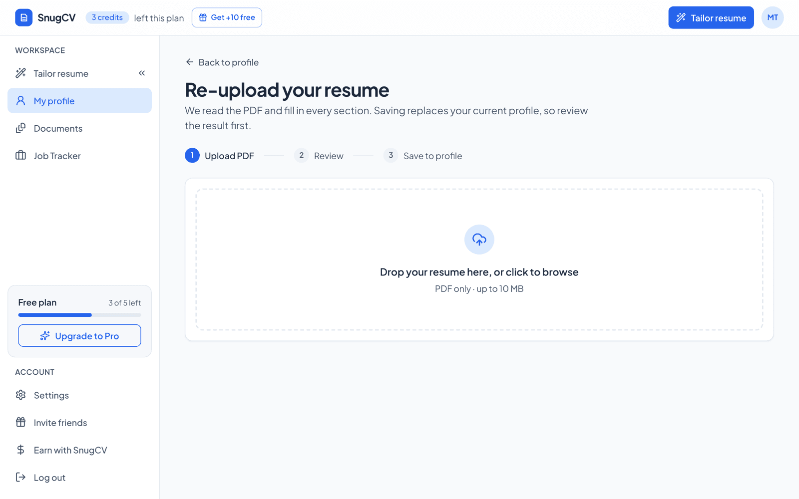 The SnugCV upload page with a dashed drop area and three steps: Upload PDF, Review, Save to profile